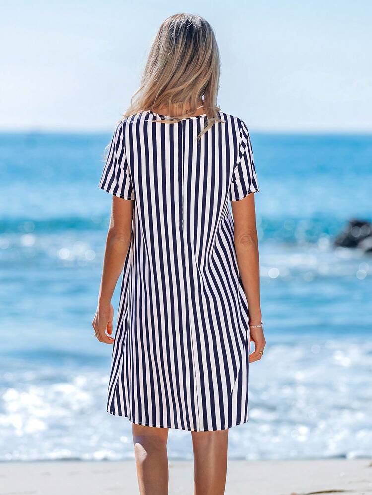 Women's Round Neck Short Sleeve Striped Dress,Vacation
