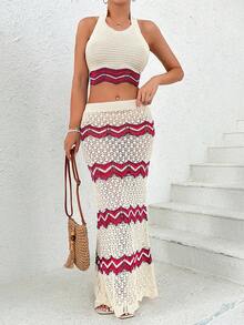 EURMUSE Women Cover-Up Knit Halter Neck Top And Skirt Set - Multicolor - View 4