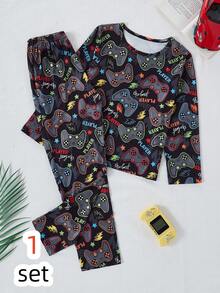 男童睡衣套装 - 两件套，游戏手柄印花，黑色多色圆领长袖长裤，适合居家休闲、玩耍、睡觉时穿着，轻薄弹力舒适，是2026年假日必备礼物，休闲家居服。 - 彩色 - 查看 12