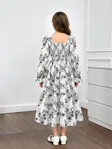 SHEIN Firerie Kids Tween Girl Floral Printed Pattern Long Sleeve Dress - Black and White - View 2