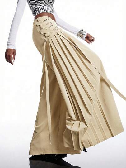 LYSMO New Minimalist Spring Women's Clothing Solid Color Tie Pleated Vintage Wide Leg Pants, Khaki Maxi Wrap Skirt, Tie Waist Pleated Skirt