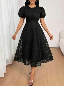 SHEIN Lady 女士纯色圆领优雅短袖中长连衣裙 - 黑色 - 查看 5