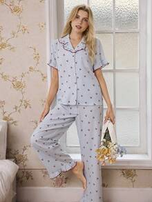 CottageSlumber Mushroom Hem Lapel Open Front Cherry Plaid Print Short Sleeve Pajama Set - Multicolor - View 3