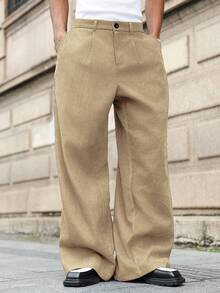 Manfinity Roghcode Plus Size Men's Casual Solid Color Wide Leg Pants - Khaki - View 5