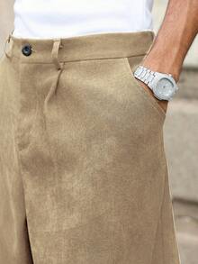 Manfinity Roghcode Plus Size Men's Casual Solid Color Wide Leg Pants - Khaki - View 6