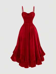 SHEIN MOD 大码女式酒红色丝绒抽绳吊带连衣裙，适合婚礼宾客、返校节、新年、情人节等场合。 - 紅色 - 查看 2