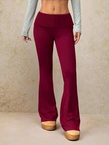 SHEIN PETITE Quần đỏ Giáng sinh dành cho nữ, ấm áp, thích hợp mặc ở nhà vào mùa thu và mùa đông, quần ống loe, quần yoga dáng suông, thích hợp cho Giáng sinh, Năm mới, Thu/Đông. - Màu Đỏ Sâu - Xem 4