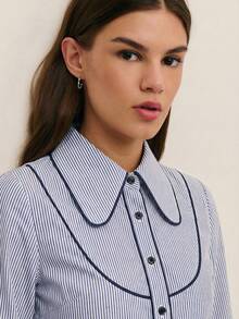 Nöista Gestreifte Bluse mit kontrastierendem Besatz und Langärmeln; stilvolle Frühlings-Outfits für Damen für elegante und Sommer-Outfits/Frühlings-Break-Outfits. Perfekt für Thanksgiving, Geburtstags-Outfits für Damen oder elegant - Blau - Übersicht 6