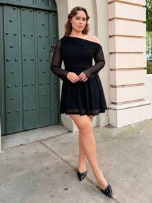 Nezia Cruz Plus Ruched Asymmetrical Shoulder Flare Hem Dress - Dark Grey - View 3