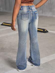 SHEIN Tween Girls Y2K 时尚复古水洗高腰猫须水洗喇叭腿牛仔裤，Tween Girls 秋装返校街头装 - 淺色水洗藍 - 查看 2