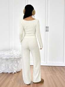 SHEIN EZwear Women's Solid Color Boat Neck Long Sleeve Top And Pants Casual 2 Pieces Set - Apricot - View 2