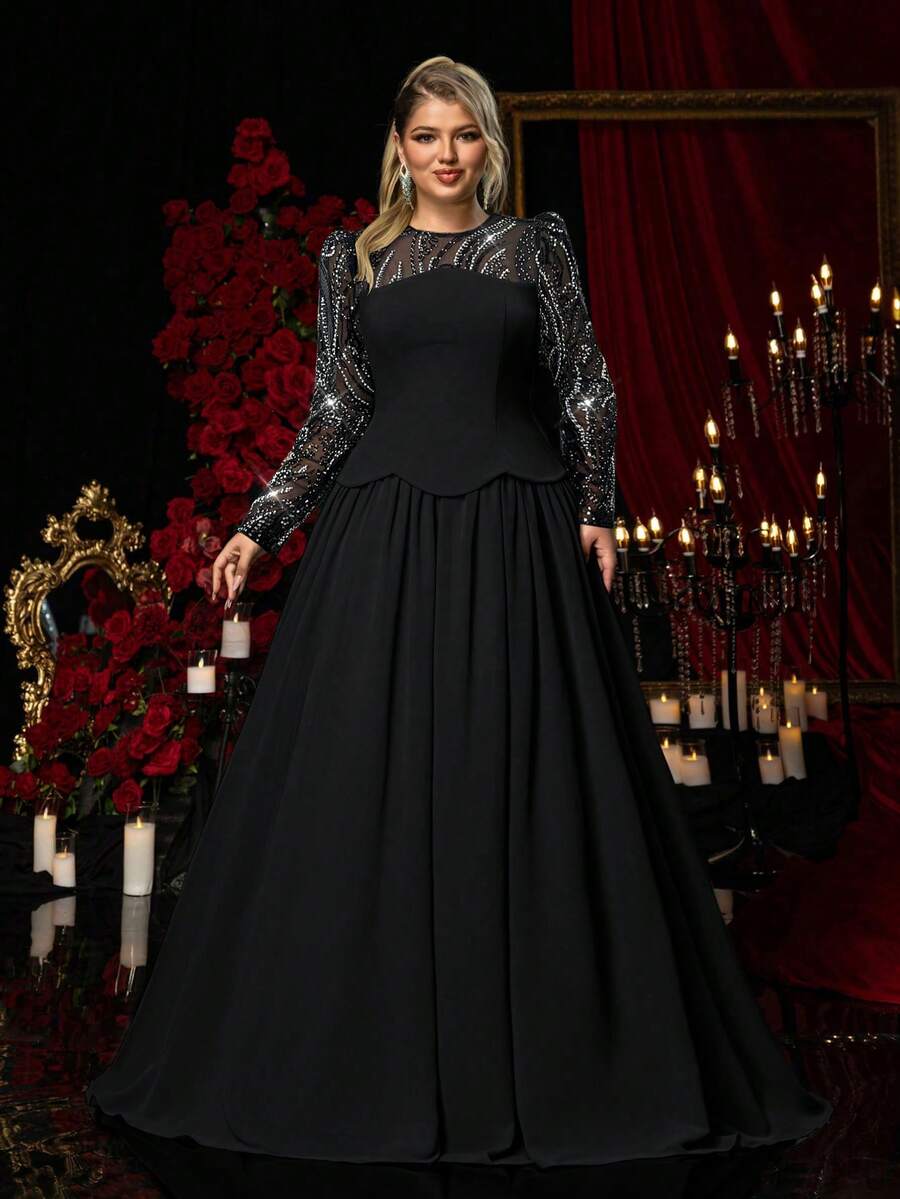 Glamrae Váy maxi voan dệt kim co giãn, tay dài đính hạt thủ công màu xám xanh sang trọng cỡ lớn, phù hợp cho đám cưới, tiệc tùng, kỳ nghỉ, dạ tiệc, sự kiện trang trọng - màu đen - Xem 1