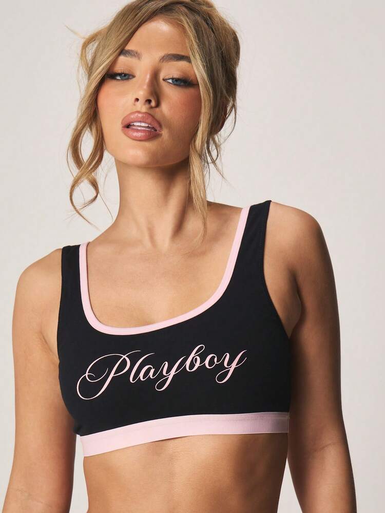 Missguided x Playboy Contrast Trim Bralette With Script Logo For Everyday Comfort And Casual Wear