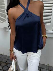 MainGRL Solid Color Casual Versatile Backless Satin Halter Neck Blouse For Women - Navy Blue - View 7