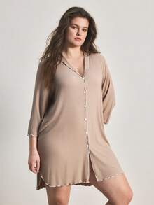 Ocili Plus Size Ribbed Comfortable Ruffle Collar Shell Button Nightgown - Khaki - View 6