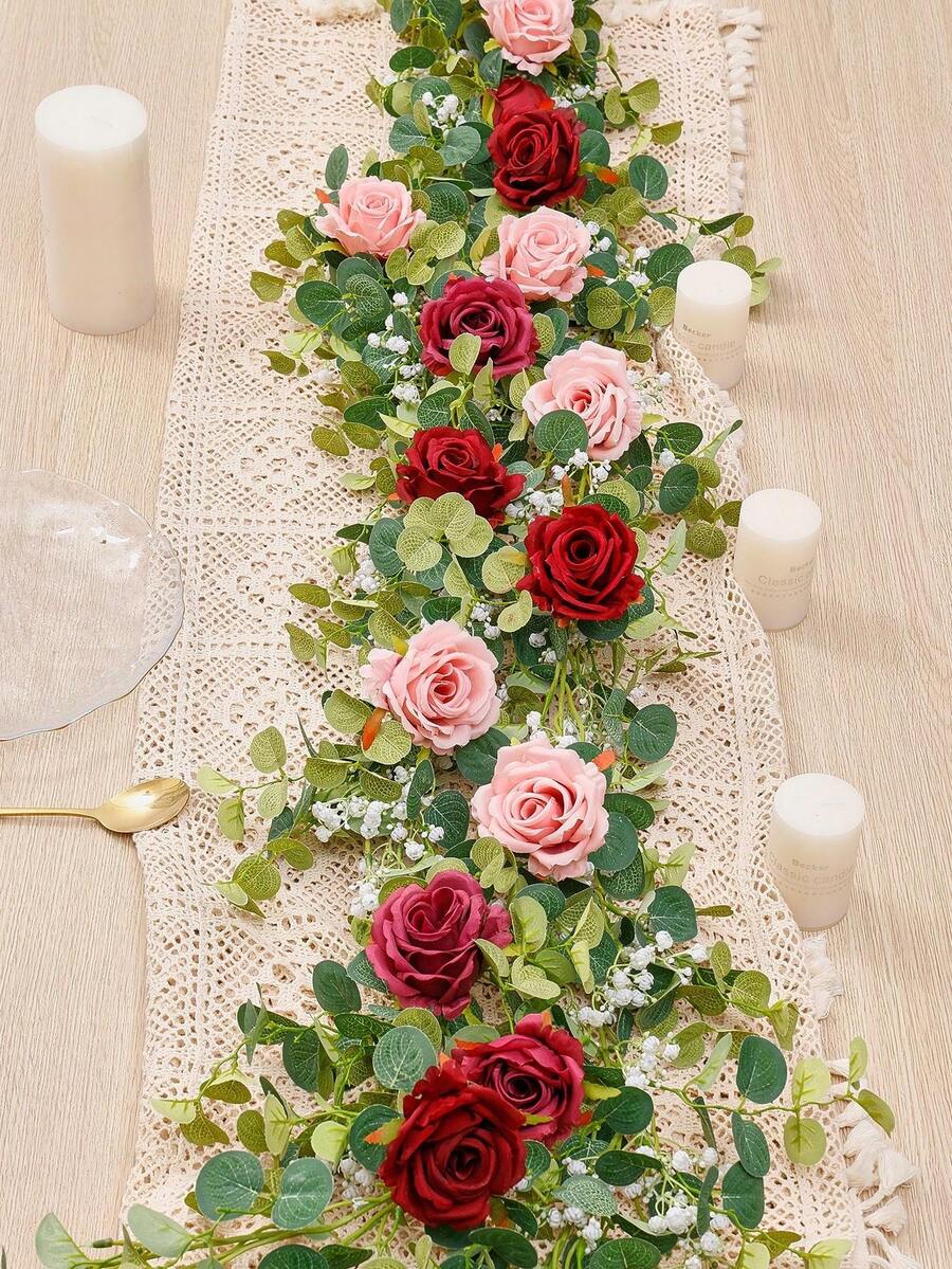 180厘米逼真丝绸人造花环，搭配满天星，柔韧可弯曲藤蔓，适用于墙壁、壁炉架、门，是婚礼、情人节礼物、家居派对装饰的理想之选，室内外皆宜。 - 酒紅色 - 查看 1