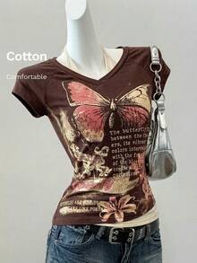 SHEIN EZwear 女士Y2K休闲时尚街头度假风标语蝴蝶印花插肩袖撞色露背修身T恤，夏季 - 棕色 - 查看 6