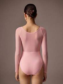 SHEIN 少女优雅粉色芭蕾舞网纱长袖紧身衣，丝滑弹力天鹅绒面料搭配光滑网纱拼接