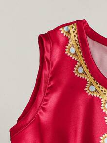 Sparklyn Babymädchen Frühlingsstil Mittlerer Osten Muster Kontrast Farbe Rundhals Jumpsuit, angenehmer Stoff mit Glanz, geeignet für Urlaubsmode - Rot - Übersicht 7