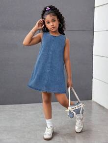 SHEIN Tween Girl Backless Tie Crew Neck Sleeveless Casual Denim Dress - Light Wash - View 5