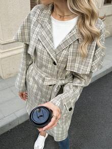 EMERY ROSE 女士格子拼接斗篷设计长袖优雅常规外套格子外套格子风衣格子风衣格子大衣女士长款格子大衣法式服装经典女装巴黎穿搭女士格子大衣女士格子风衣女士法式大衣女士秋季穿搭女士流行穿搭女士经典穿搭女士格子大衣 - 卡其色 - 查看 5