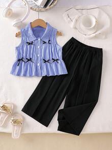 Girls' Elegant Bowknot Collar Sleeveless Buttoned Shirt + Casual Versatile Pleated Wide Leg Pants Fashion Set, Suitable For Vacation, Travel, Festivals, Parties, Spring/Summer/Autumn - Blue - View 1