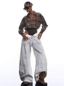 LYSMO 2026 New Arrive Minimalism Spring/Summer Women's Plaid Drop Shoulder Long Sleeve Casual Bodysuit - Brown - View 7