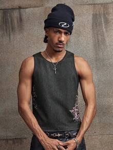 AXEPEAK Men's Casual Floral Print Tank Top, Summer - Black - View 8