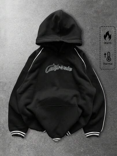 Men's Casual Warm Letter Graphic Hoodie, Autumn