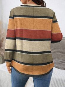 SHEIN CURVE+ 大码休闲条纹印花图案简约大码女式圆领长袖宽松华夫格卫衣，适合秋冬季节/2026/新年 - 彩色 - 查看 2