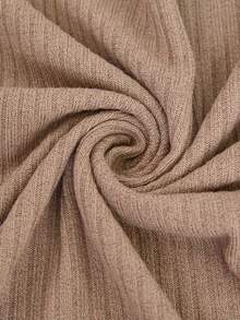 SHEIN 2件套孕妇加大码纯色圆领短袖开衩下摆休闲罗纹针织套装 - 卡其色 - 查看 8