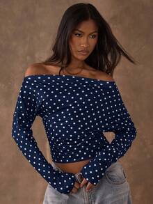 SHEIN BAE Women's Polka Dot Print Ruched Asymmetric Collar Long Sleeve T-Shirt - Navy Blue - View 7