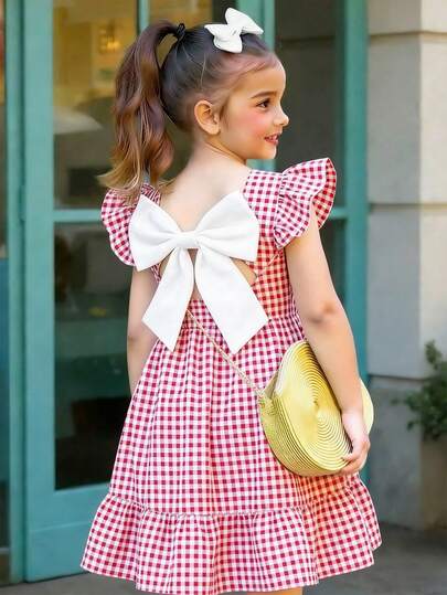 Red & White Plaid Backless Bowknot Girls' Dress, Vintage Plaid Collides With Sweet Elements, Oversized Cream Bowknot & Ruffle Sleeve Design Showcases French Girly Vibe, Cute Yet Refined, Perfect For Summer Outings And Parties