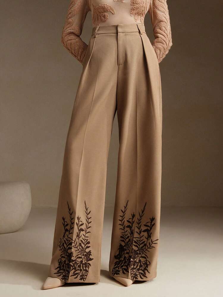 Anewsta Tall Women's Office Khaki Color Embroidered Hem Extended Length Suit Pants