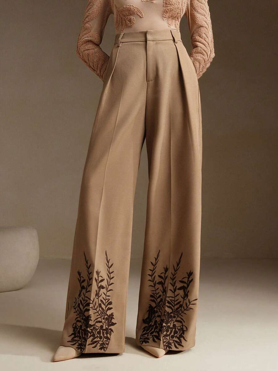 Anewsta Petite Women's Khaki Office Pants With Embroidered Hem, Suitable For New Year - Khaki - View 1