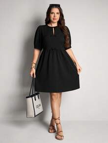 Comfylo Đầm nữ cỡ lớn kiểu dáng đơn giản, màu trơn, cổ mở, tay phồng, eo thắt, thích hợp mặc hàng ngày đi làm. - màu đen - Xem 5