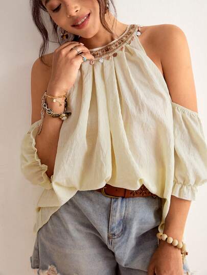 Freevana Plus Size Bohemian French Vintage Beige Cold-Shoulder Top, Handmade Beaded Collar, Shell Tassel + Puff Sleeve Design, Bohemian Style Early Spring/Summer Niche Loose Blouse For Women