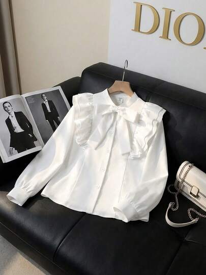 SHEIN Áo công chúa dài tay cài nút phía trước, cổ và tay áo thêu hoa thanh lịch dành cho bé gái, thích hợp mặc đi học, đi nghỉ, du lịch, tiệc sinh nhật, mùa xuân/thu