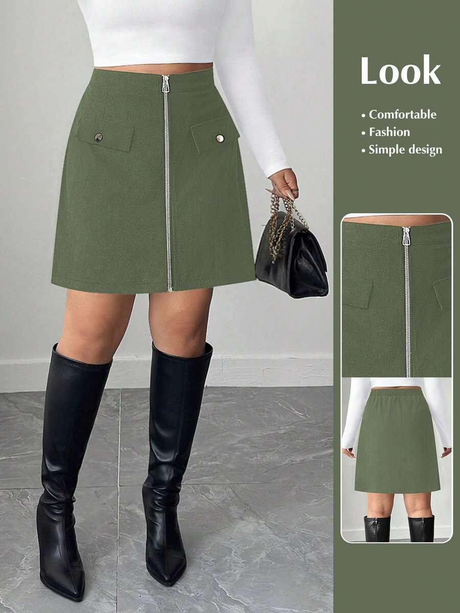 SHEIN Tall CURVE Rok celana pendek korduroi hijau kasual ukuran besar dengan detail resleting. - Hijau - View 1