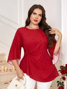 SHEIN Clasi 大码女士浪漫不规则袖心形印花优雅衬衫，适合春夏季节、情人节、生日、春假等场合穿着。 - 彩色 - 查看 4