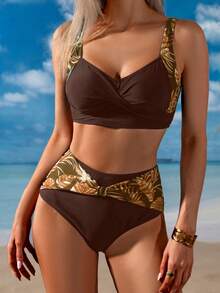 Swim Lushoire Bộ bikini nữ gợi cảm họa tiết nhiệt đới, kiểu dáng xoắn phía trước, thích hợp cho kỳ nghỉ biển. - màu nâu - Xem 4