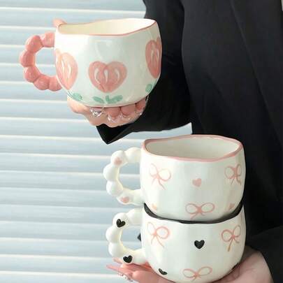 Zazumi 1 pieza Taza de café de cerámica con asa de perla, taza de té de cerámica con diseño de mariposa linda, taza para desayuno con borde, adecuada para bebidas frías en verano y bebidas calientes en invierno, apta para diversas ocasiones