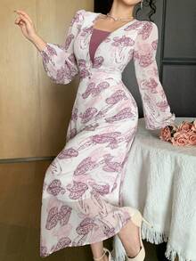 DAZY Spring Women's Elegant Floral Patchwork Lantern Sleeve Mid-Length Dress