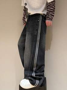 STEELVANCE Quần jeans nam dáng rộng ống suông, họa tiết sọc râu mèo cổ điển, phong cách đường phố. - màu đen - Xem 3