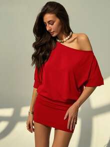 Aloruh Women's Solid Color Asymmetric Batwing Sleeve Sexy Open Back Mini Dress - Red - View 4