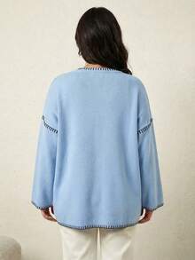 Plus Size Contrast Trim Casual Pullover Sweater - Baby Blue - View 2