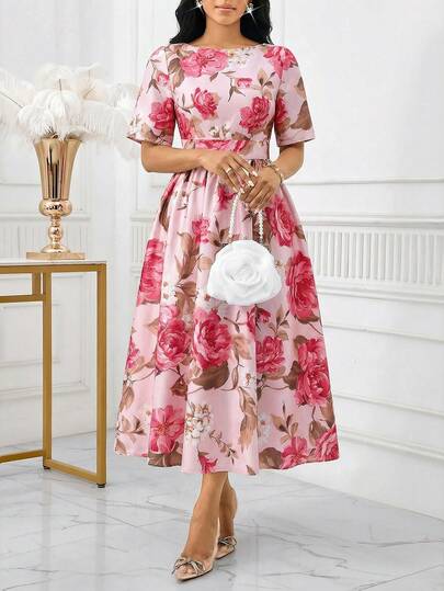 SHEIN Lady Vestido midi de verano con cuello redondo, cintura ceñida y estampado floral elegante para mujer