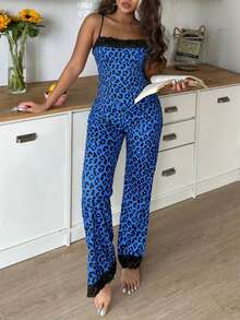 SweetSlumber Sweet Ins 撞色豹纹蕾丝拼接女士睡衣套装 - 藍色 - 查看 6