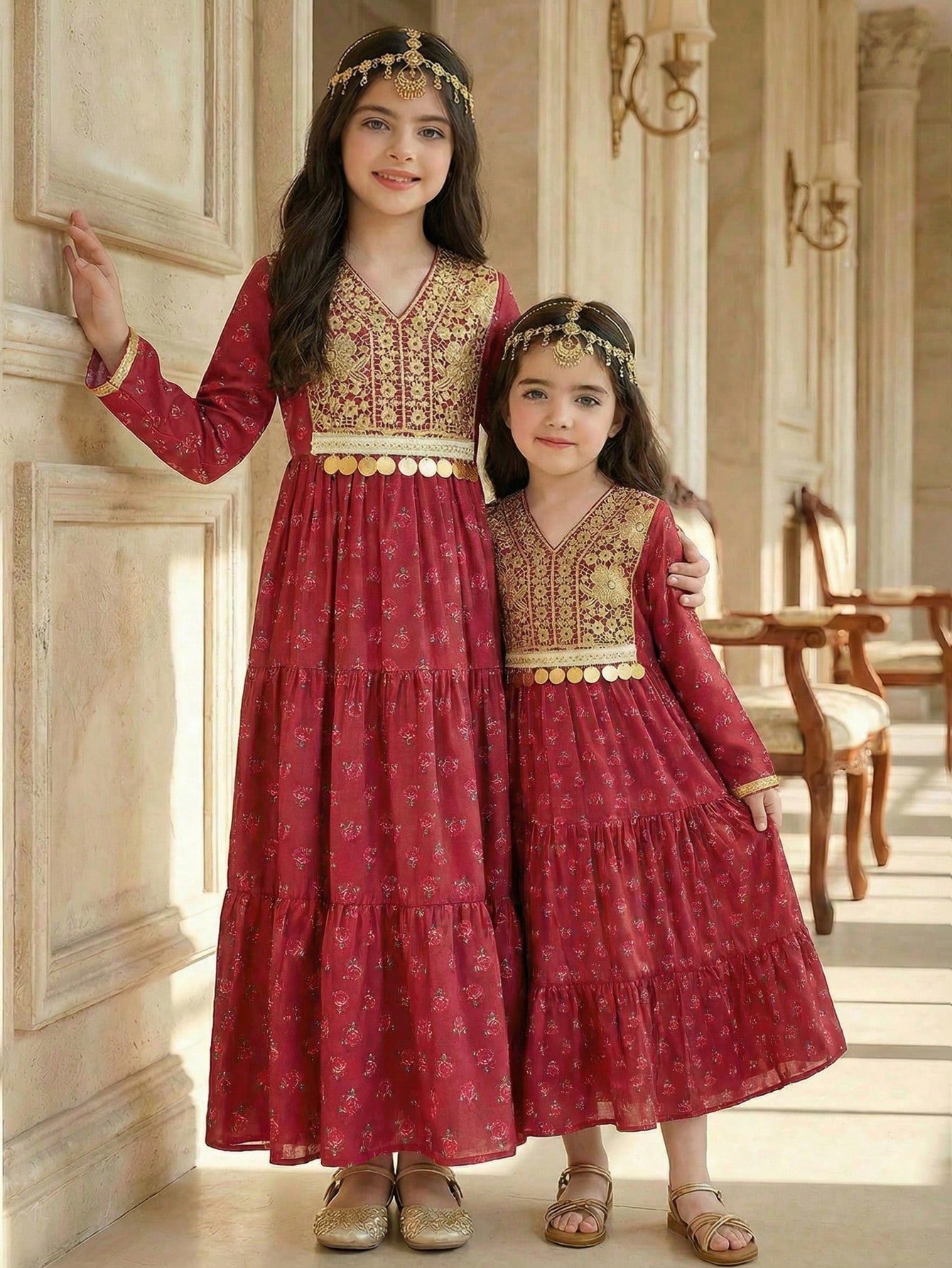 SHEIN فستان عطلة للفتاة الصغيرة بطراز شعبي، مزين ب...