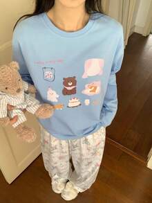 DAZY 2件套女士卡通熊图案宽松长袖T恤和裤子睡衣套装 - 藍色 - 查看 5